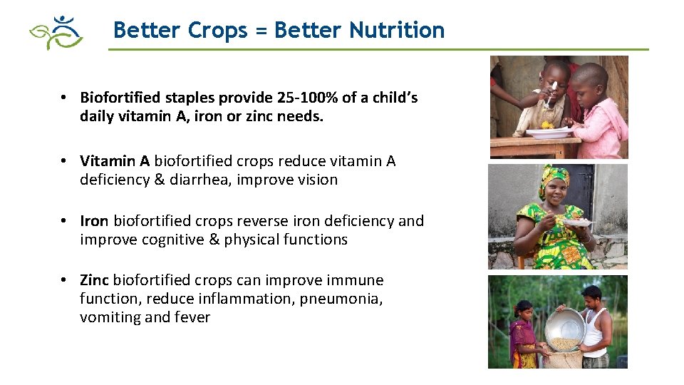 Better Crops = Better Nutrition • Biofortified staples provide 25 -100% of a child’s