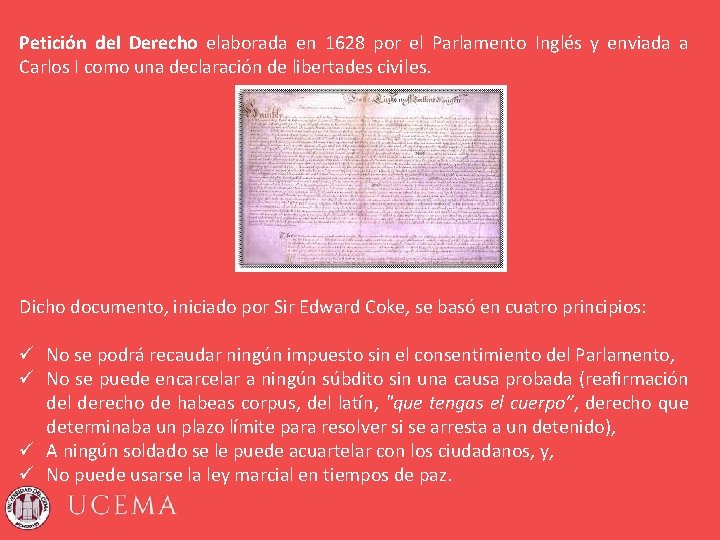 Petición del Derecho elaborada en 1628 por el Parlamento Inglés y enviada a Carlos