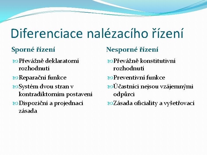 Diferenciace nalézacího řízení Sporné řízení Nesporné řízení Převážně deklaratorní rozhodnutí Reparační funkce Systém dvou