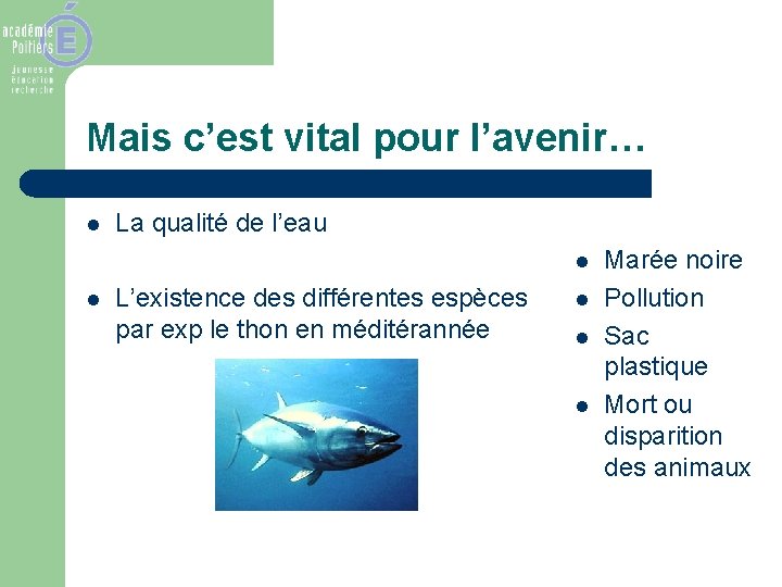 Mais c’est vital pour l’avenir… l La qualité de l’eau l l L’existence des