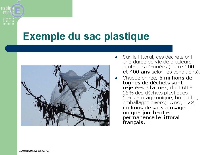 Exemple du sac plastique l l Document Guy ESTEVE Sur le littoral, ces déchets