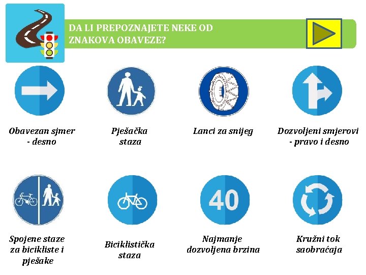 DA LI PREPOZNAJETE NEKE OD ZNAKOVA OBAVEZE? Obavezan sjmer - desno Spojene staze za DA LI PREPOZNAJETE NEKE OD ZNAKOVA OBAVEZE? Obavezan sjmer - desno Spojene staze za