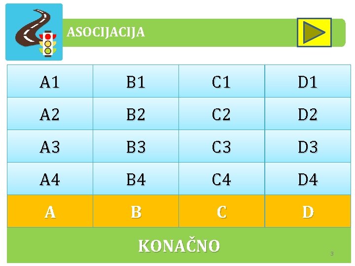 ASOCIJA STAZA A 1 BANKINA B 1 ŽIVOT C 1 VISINA D 1 ZDRAVLJE ASOCIJA STAZA A 1 BANKINA B 1 ŽIVOT C 1 VISINA D 1 ZDRAVLJE