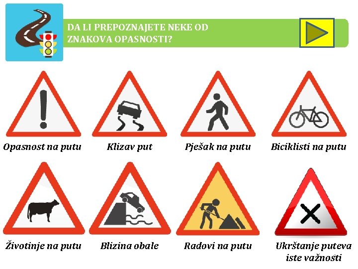DA LI PREPOZNAJETE NEKE OD ZNAKOVA OPASNOSTI? Opasnost na putu Klizav put Pješak na DA LI PREPOZNAJETE NEKE OD ZNAKOVA OPASNOSTI? Opasnost na putu Klizav put Pješak na