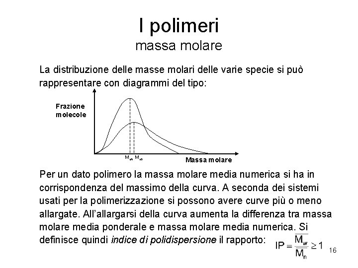 I polimeri massa molare La distribuzione delle masse molari delle varie specie si può