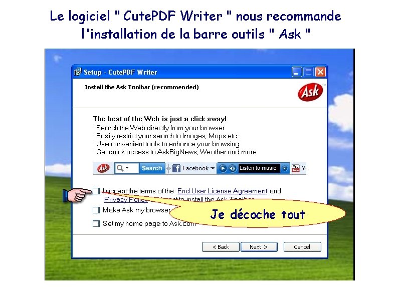 Le logiciel " Cute. PDF Writer " nous recommande l'installation de la barre outils