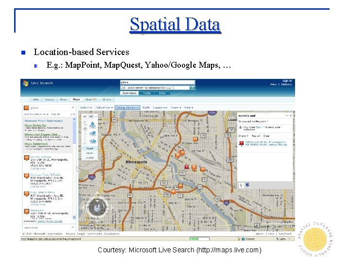 Spatial Data n Location-based Services E. g. : Map. Point, Map. Quest, Yahoo/Google Maps,