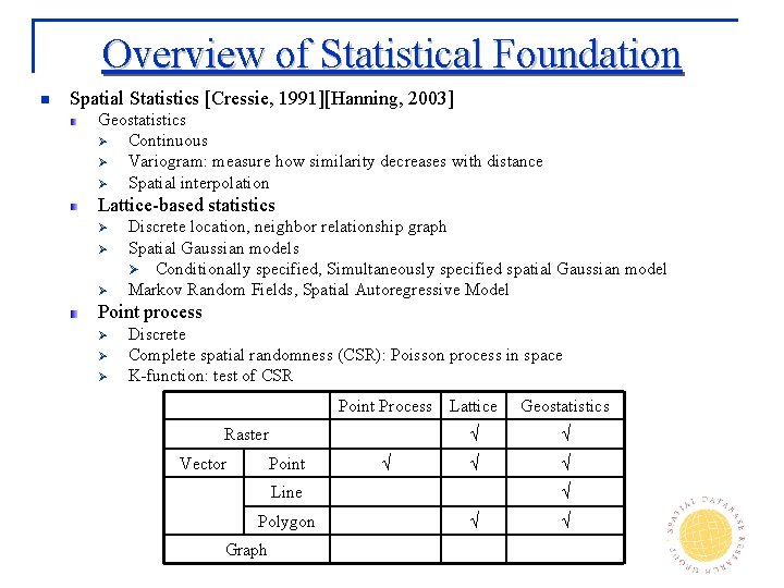 Overview of Statistical Foundation n Spatial Statistics [Cressie, 1991][Hanning, 2003] Geostatistics Ø Continuous Ø