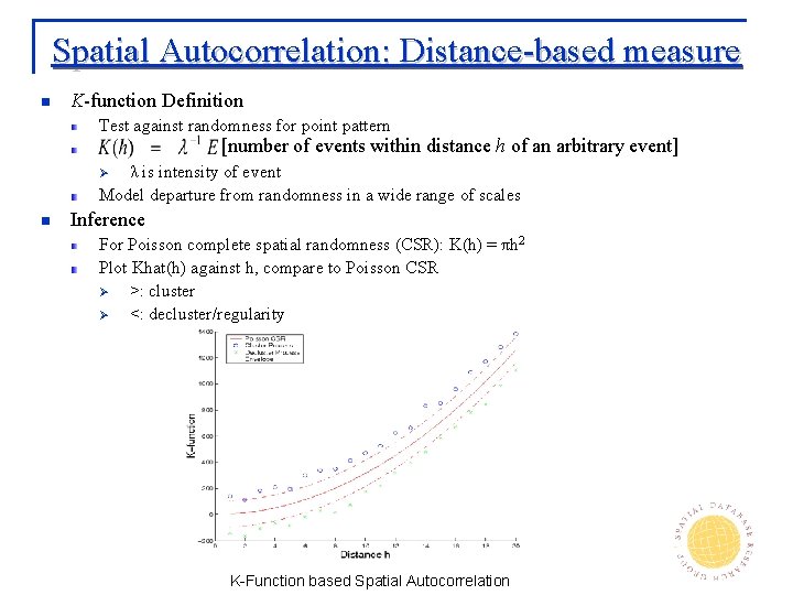 Spatial Autocorrelation: Distance-based measure n K-function Definition Test against randomness for point pattern [number