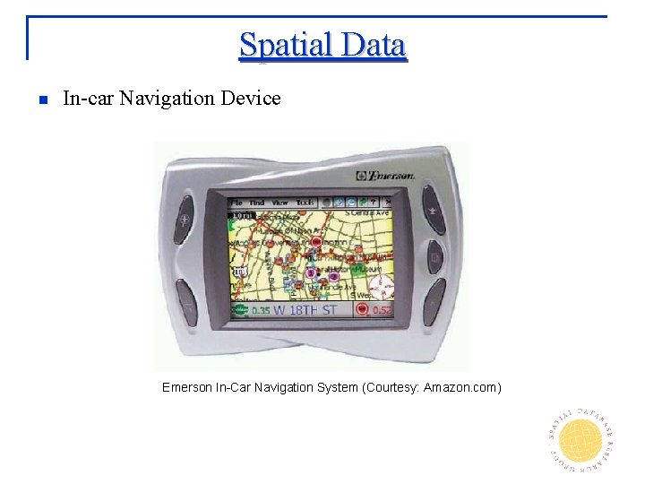 Spatial Data n In-car Navigation Device Emerson In-Car Navigation System (Courtesy: Amazon. com) 