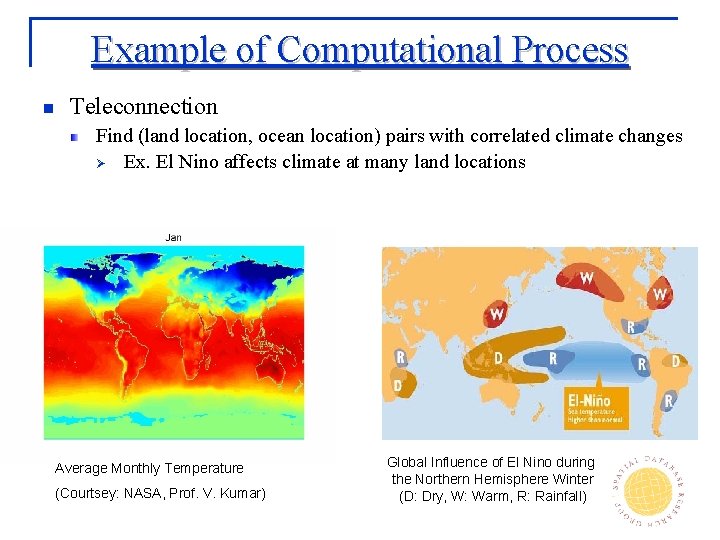 Example of Computational Process n Teleconnection Find (land location, ocean location) pairs with correlated