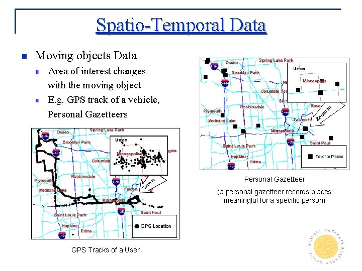 Spatio-Temporal Data n Moving objects Data Area of interest changes with the moving object