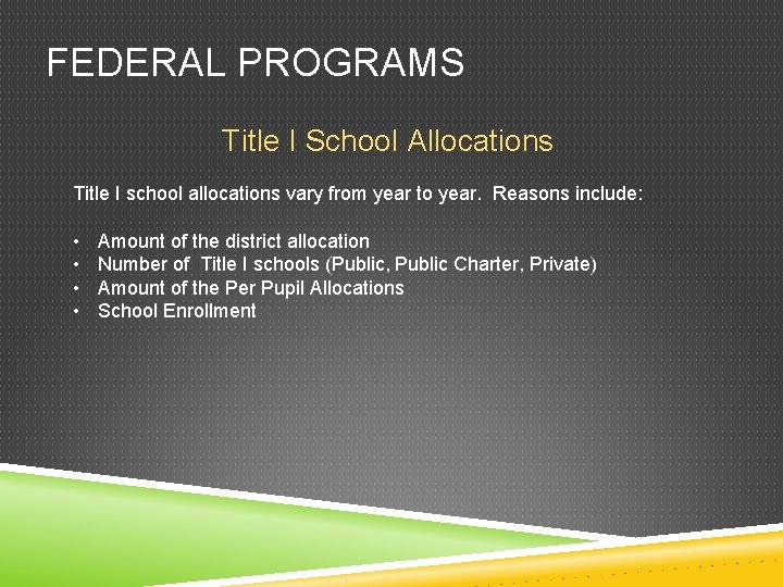 FEDERAL PROGRAMS Title I School Allocations Title I school allocations vary from year to