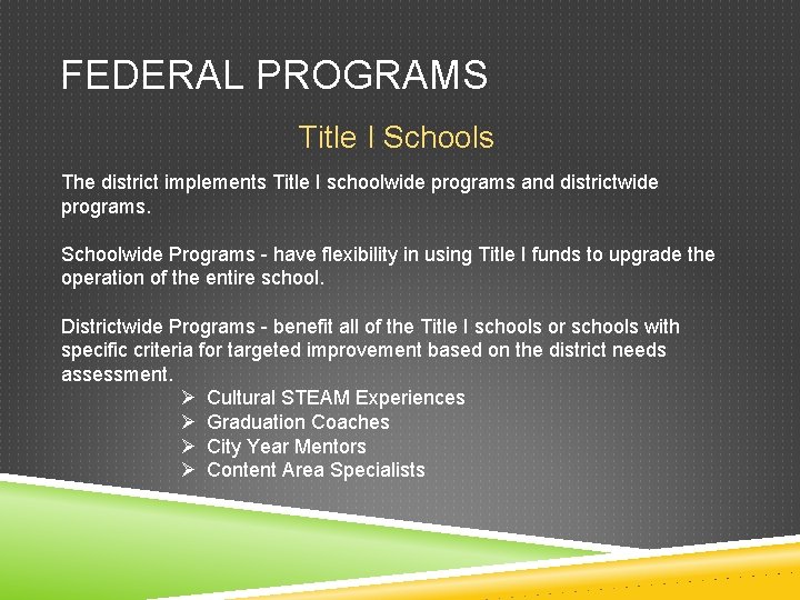 FEDERAL PROGRAMS Title I Schools The district implements Title I schoolwide programs and districtwide
