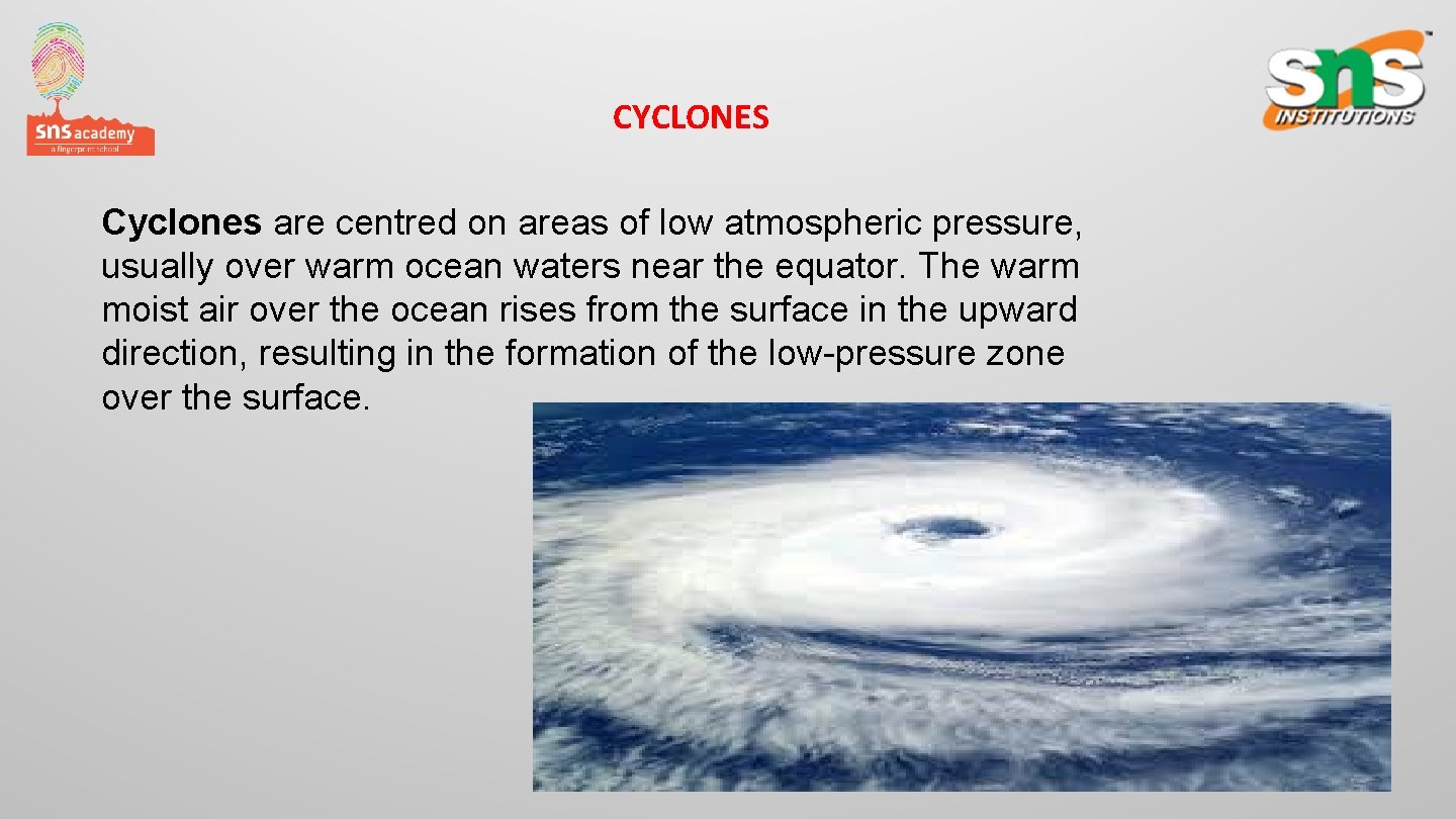 CYCLONES Cyclones are centred on areas of low atmospheric pressure, usually over warm ocean