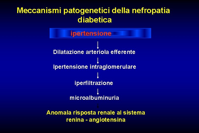Meccanismi patogenetici della nefropatia diabetica ipertensione Dilatazione arteriola efferente Ipertensione intraglomerulare iperfiltrazione microalbuminuria Anomala