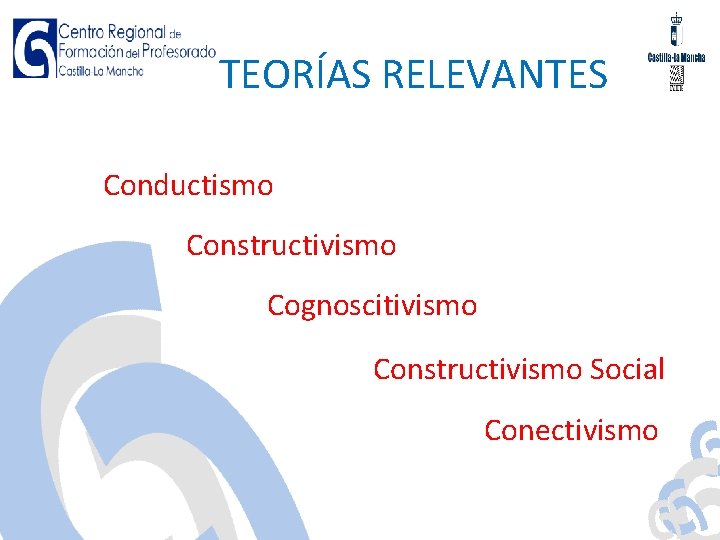 TEORÍAS RELEVANTES Conductismo Constructivismo Cognoscitivismo Constructivismo Social Conectivismo 