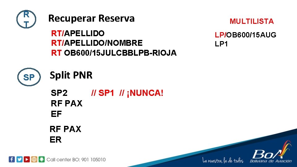 R T SP Recuperar Reserva RT/APELLIDO/NOMBRE RT OB 600/15 JULCBBLPB-RIOJA Split PNR SP 2