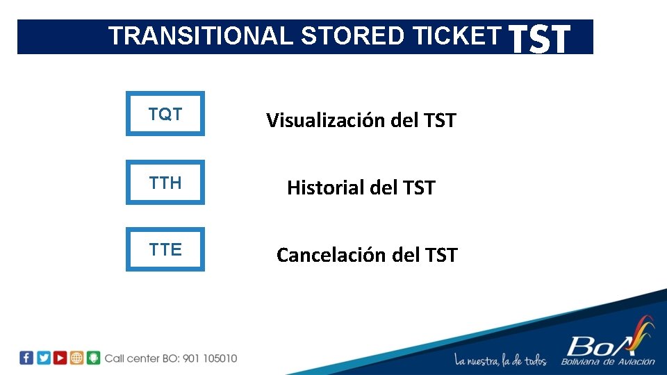 TRANSITIONAL STORED TICKET TQT Visualización del TST TTH Historial del TST TTE Cancelación del