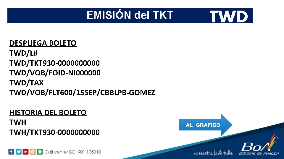 EMISIÓN del TKT TWD DESPLIEGA BOLETO TWD/L# TWD/TKT 930 -00000 TWD/VOB/FOID-NI 000000 TWD/TAX TWD/VOB/FLT