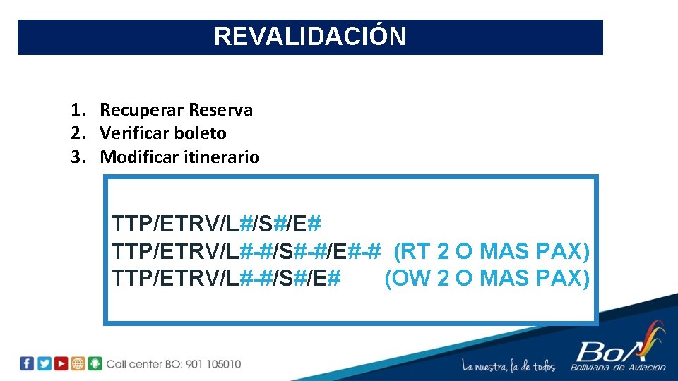 REVALIDACIÓN 1. Recuperar Reserva 2. Verificar boleto 3. Modificar itinerario TTP/ETRV/L#/S#/E# TTP/ETRV/L#-#/S#-#/E#-# (RT 2