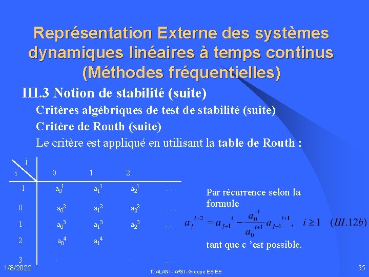 Représentation Externe des systèmes dynamiques linéaires à temps continus (Méthodes fréquentielles) III. 3 Notion