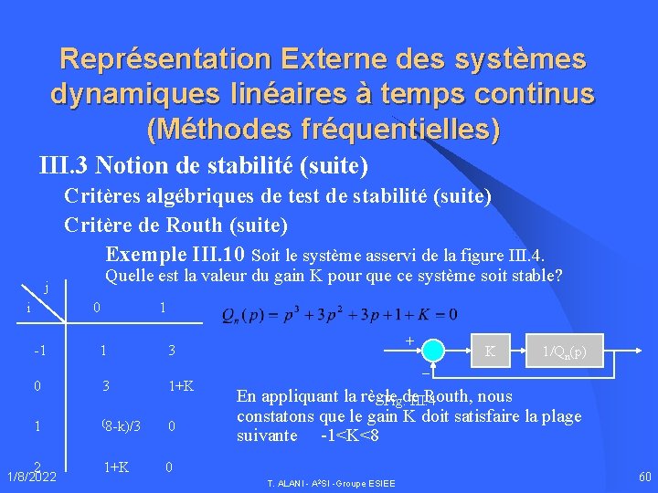 Représentation Externe des systèmes dynamiques linéaires à temps continus (Méthodes fréquentielles) III. 3 Notion