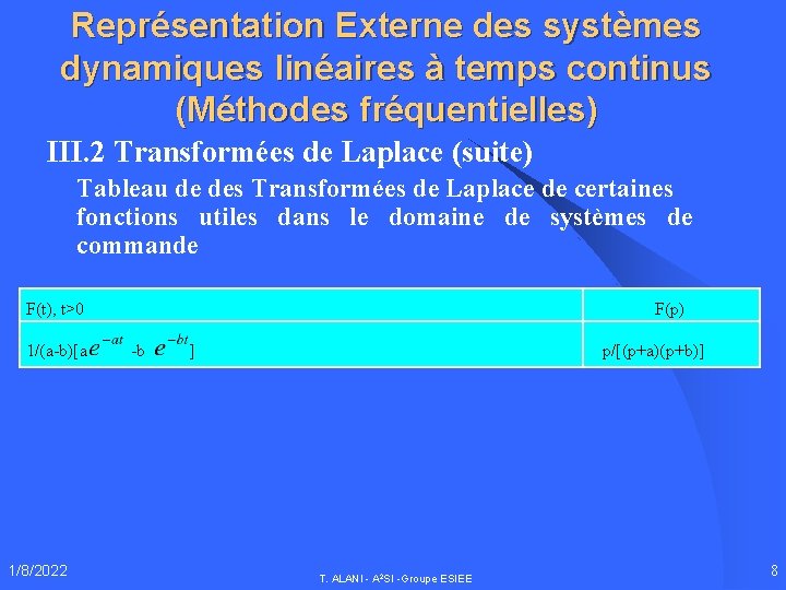 Représentation Externe des systèmes dynamiques linéaires à temps continus (Méthodes fréquentielles) III. 2 Transformées