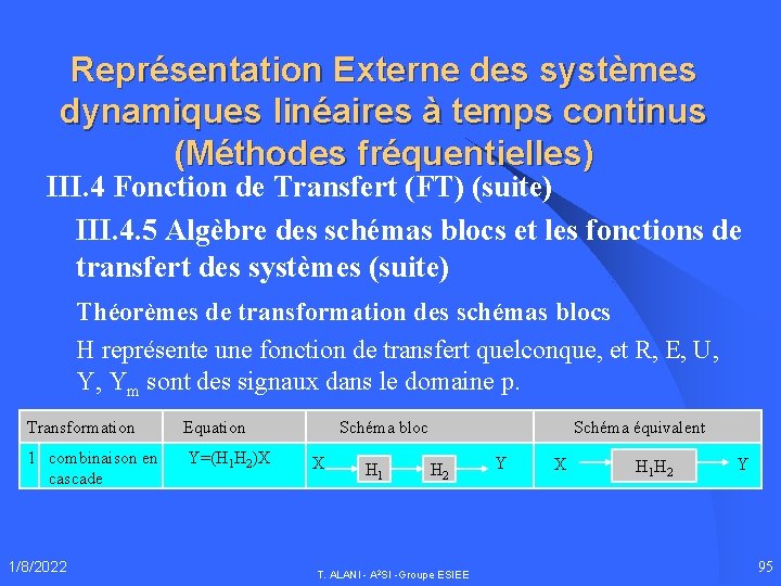 Représentation Externe des systèmes dynamiques linéaires à temps continus (Méthodes fréquentielles) III. 4 Fonction