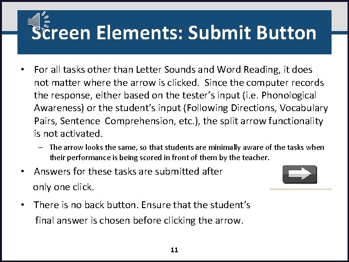 Screen Elements: Submit Button • For all tasks other than Letter Sounds and Word