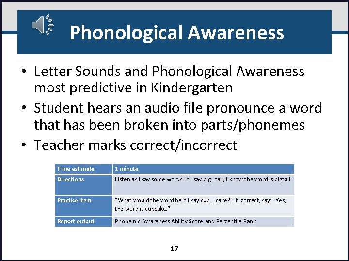 Phonological Awareness • Letter Sounds and Phonological Awareness most predictive in Kindergarten • Student