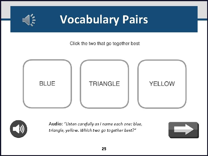 Vocabulary Pairs Audio: “Listen carefully as I name each one: blue, triangle, yellow. Which