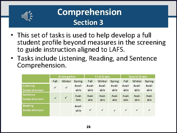 Comprehension Section 3 • This set of tasks is used to help develop a