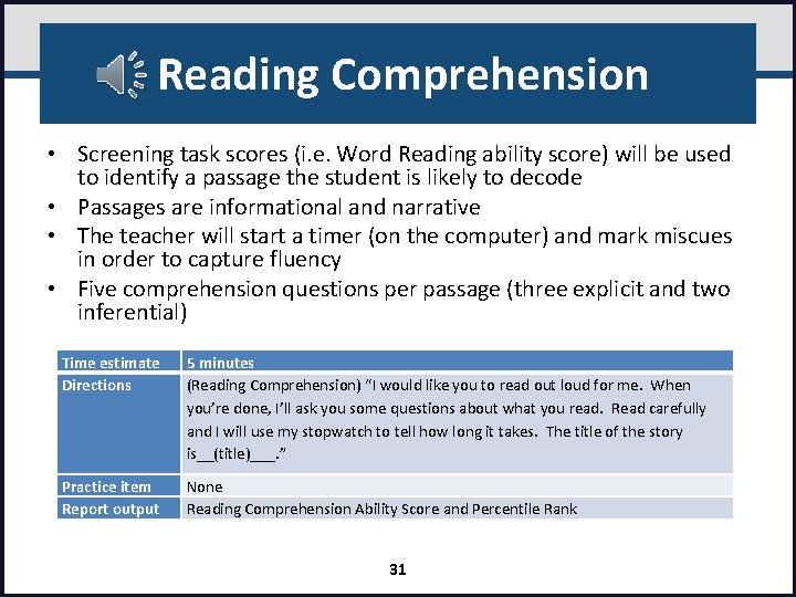 Reading Comprehension • Screening task scores (i. e. Word Reading ability score) will be