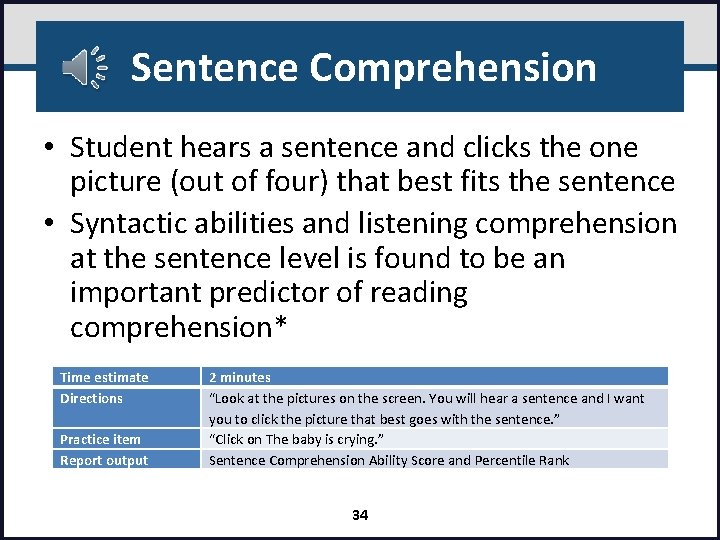 Sentence Comprehension • Student hears a sentence and clicks the one picture (out of