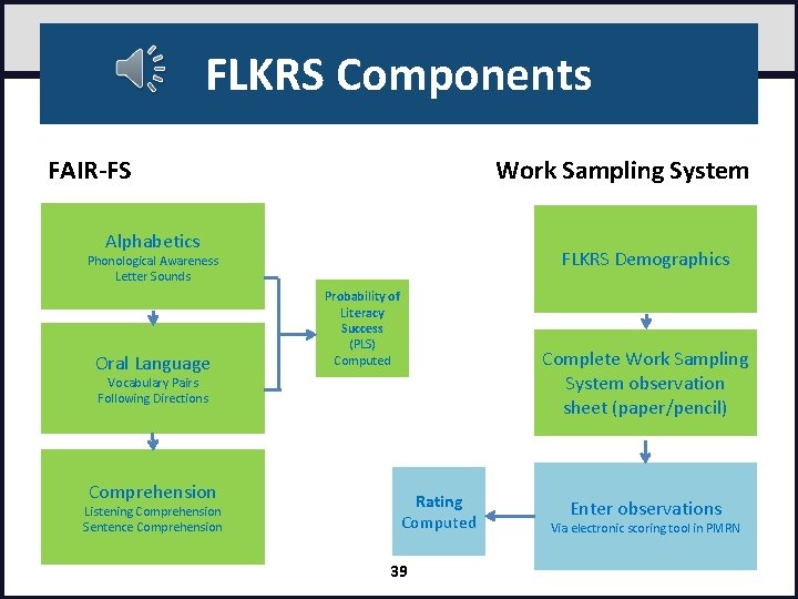 FLKRS Components FAIR-FS Work Sampling System Alphabetics FLKRS Demographics Phonological Awareness Letter Sounds Oral