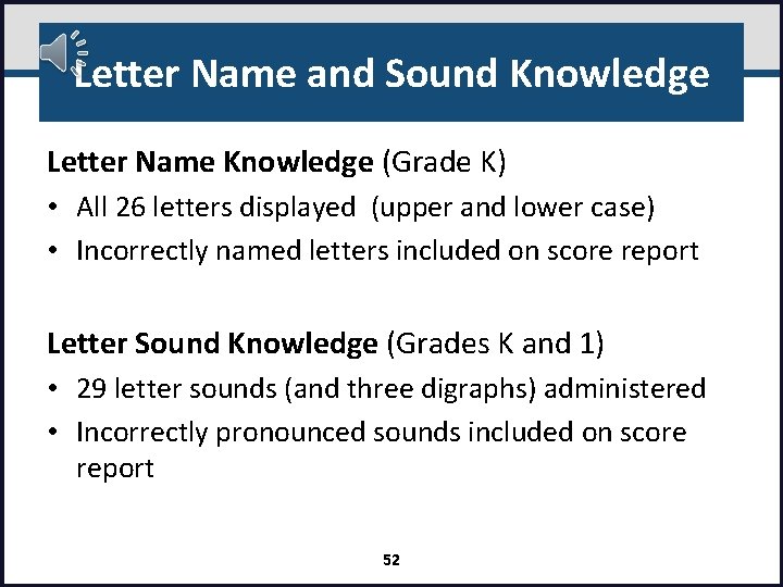 Letter Name and Sound Knowledge Letter Name Knowledge (Grade K) • All 26 letters