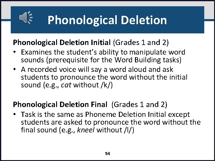 Phonological Deletion Initial (Grades 1 and 2) • Examines the student’s ability to manipulate