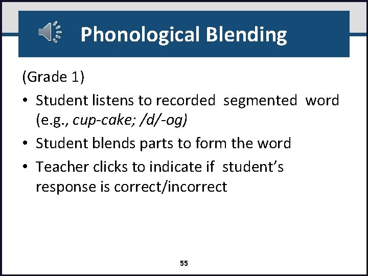 Phonological Blending (Grade 1) • Student listens to recorded segmented word (e. g. ,