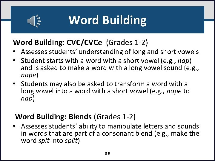 Word Building: CVC/CVCe (Grades 1‐ 2) • Assesses students’ understanding of long and short