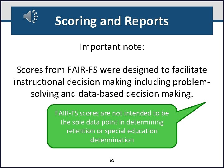 Scoring and Reports Important note: Scores from FAIR‐FS were designed to facilitate instructional decision