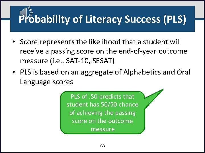 Probability of Literacy Success (PLS) • Score represents the likelihood that a student will