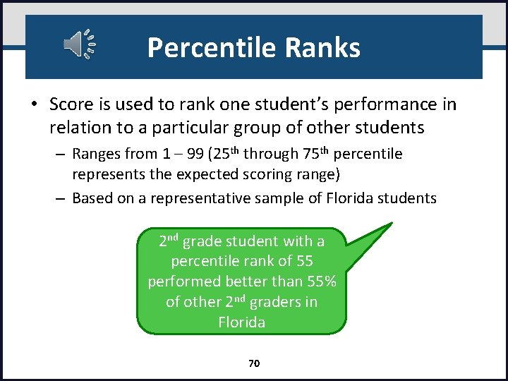 Percentile Ranks • Score is used to rank one student’s performance in relation to