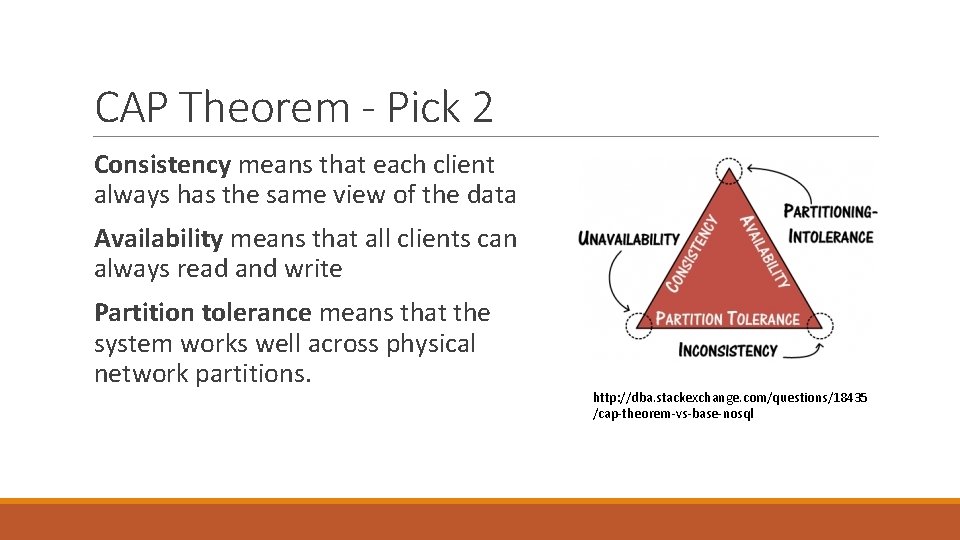 CAP Theorem - Pick 2 Consistency means that each client always has the same