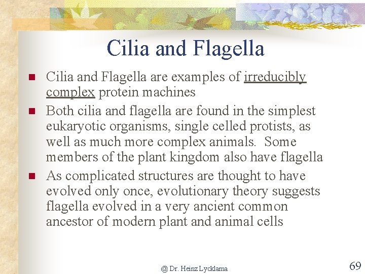 Cilia and Flagella n n n Cilia and Flagella are examples of irreducibly complex