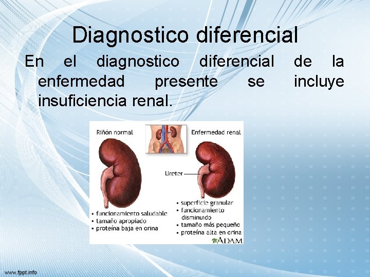 Diagnostico diferencial En el diagnostico diferencial enfermedad presente se insuficiencia renal. de la incluye