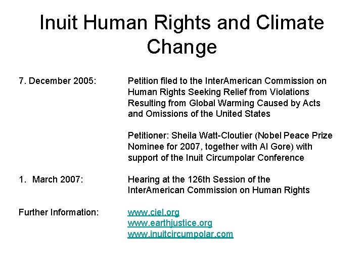 Inuit Human Rights and Climate Change 7. December 2005: Petition filed to the Inter.