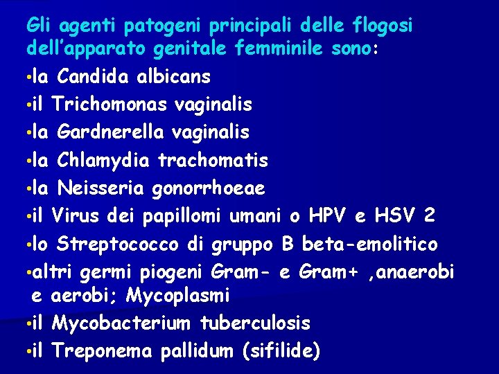 Gli agenti patogeni principali delle flogosi dell’apparato genitale femminile sono: • la Candida albicans