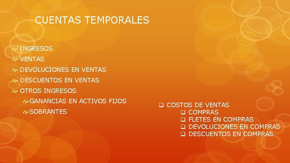 CUENTAS TEMPORALES INGRESOS VENTAS DEVOLUCIONES EN VENTAS DESCUENTOS EN VENTAS OTROS INGRESOS GANANCIAS EN