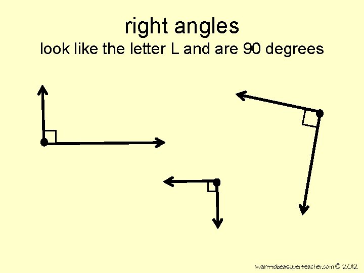 right angles look like the letter L and are 90 degrees 